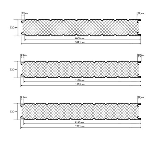 Алюминиевые сэндвич-панели стеновые с пенополиизоциануратом, ширина 1200 мм, толщина 220 мм, 0.5/0.5