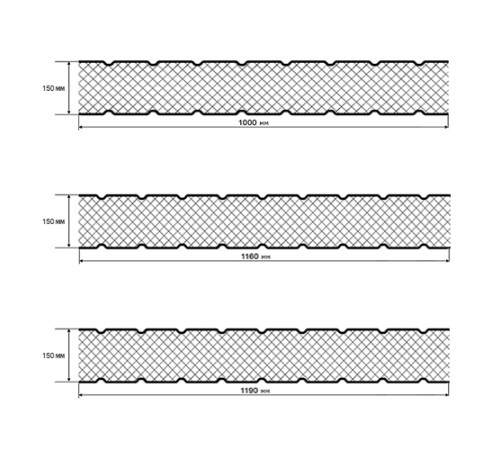 Сэндвич панели без замков с пенополиуретаном, ширина 1200 мм, толщина 150 мм, 0.5/0.5, RAL5002
