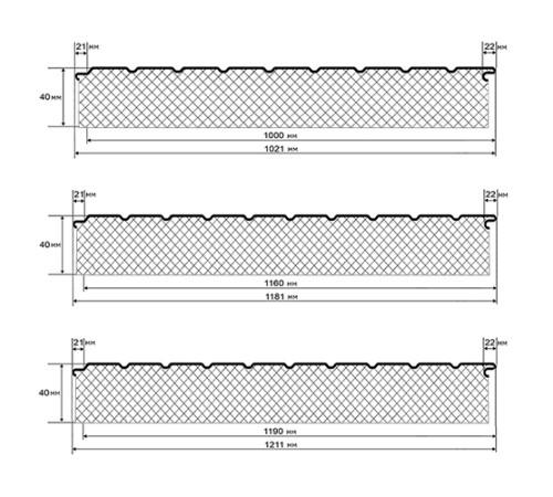 Сэндвич-панели двухслойные с минеральной ватой, ширина 1000 мм, толщина 40 мм, 0.5, RAL3009